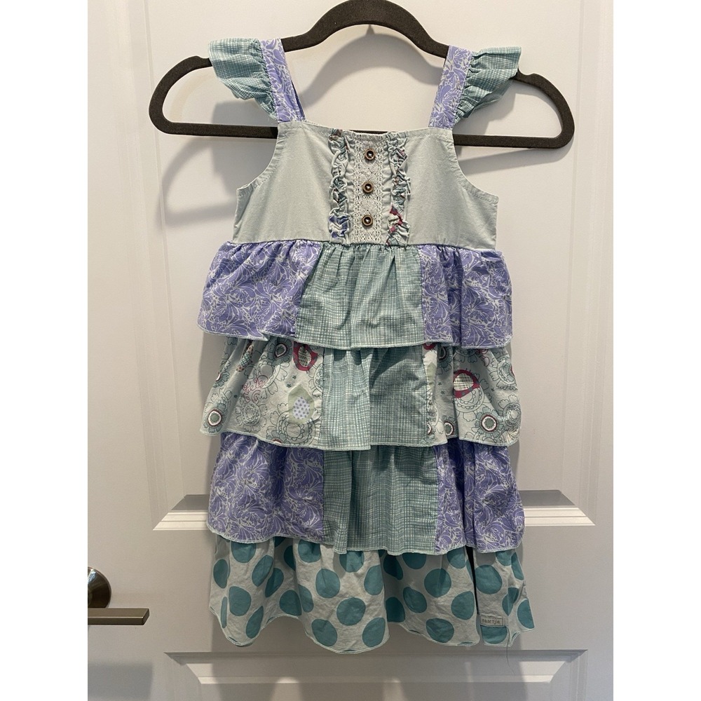 Naartjie Girls Size 6 Tiered Dress Blue White Purple Polka Dots Sleeveless Large